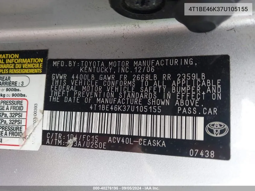 4T1BE46K37U105155 2007 Toyota Camry Ce/Le/Xle/Se