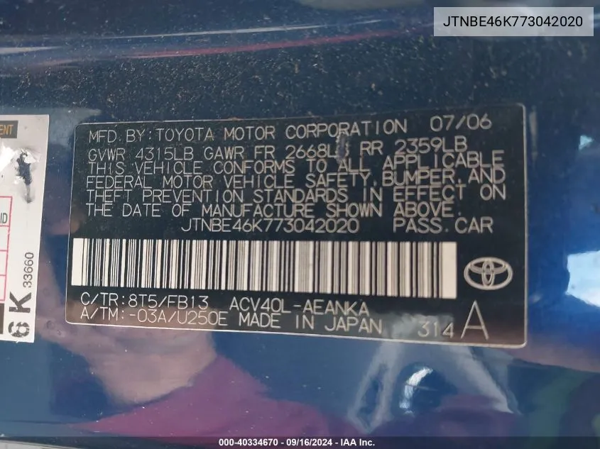 JTNBE46K773042020 2007 Toyota Camry Ce