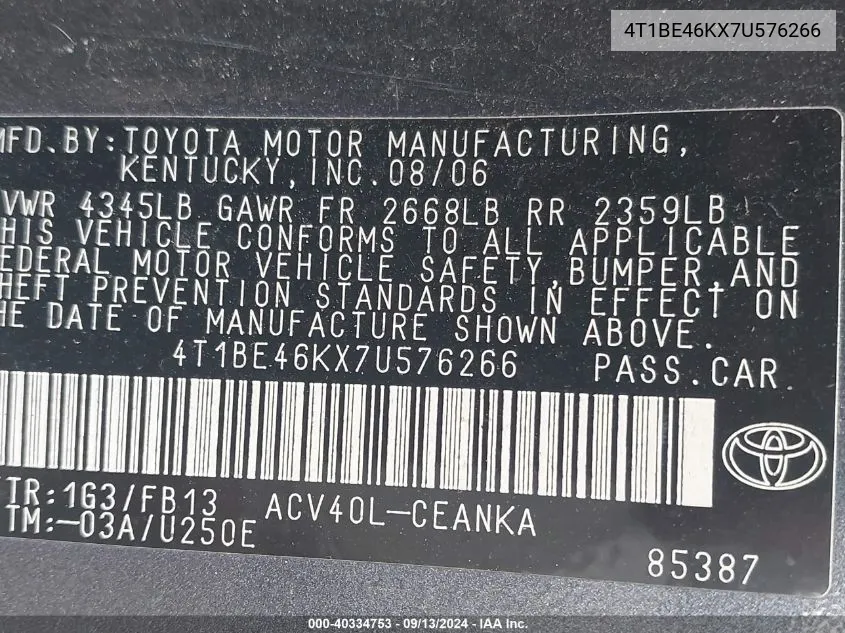 4T1BE46KX7U576266 2007 Toyota Camry Ce/Le/Xle/Se