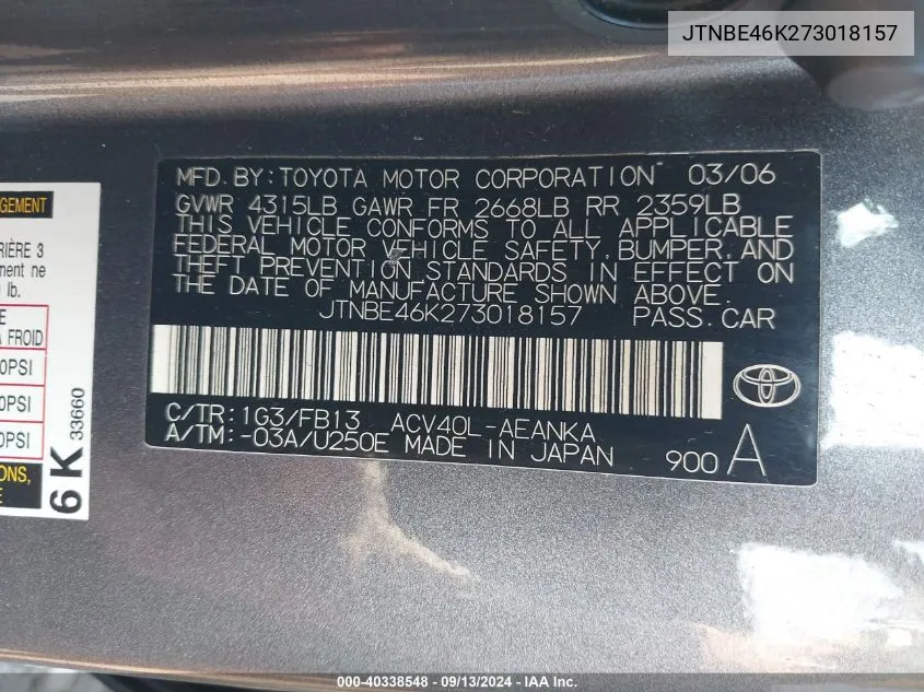 JTNBE46K273018157 2007 Toyota Camry Ce/Le/Xle/Se