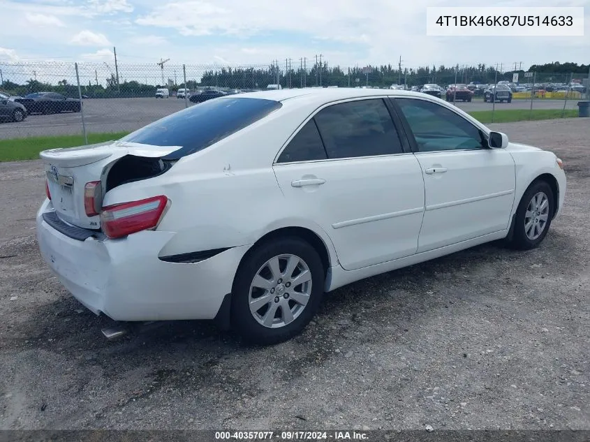 4T1BK46K87U514633 2007 Toyota Camry Xle V6