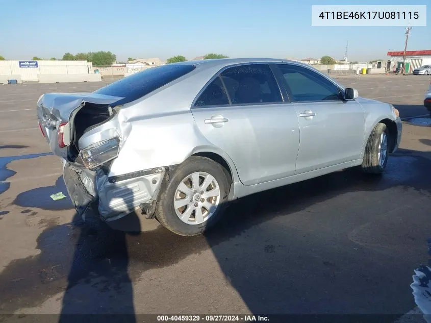 2007 Toyota Camry Xle VIN: 4T1BE46K17U081115 Lot: 40459329