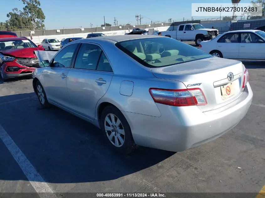 2007 Toyota Camry Hybrid VIN: JTNBB46K273012481 Lot: 40853991