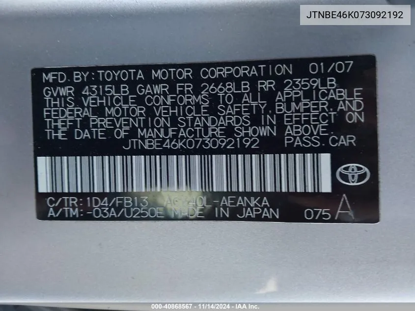 2007 Toyota Camry Ce/Le/Se/Xle VIN: JTNBE46K073092192 Lot: 40868567