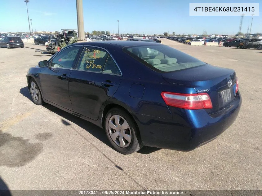 2008 Toyota Camry Le VIN: 4T1BE46K68U231415 Lot: 20178041