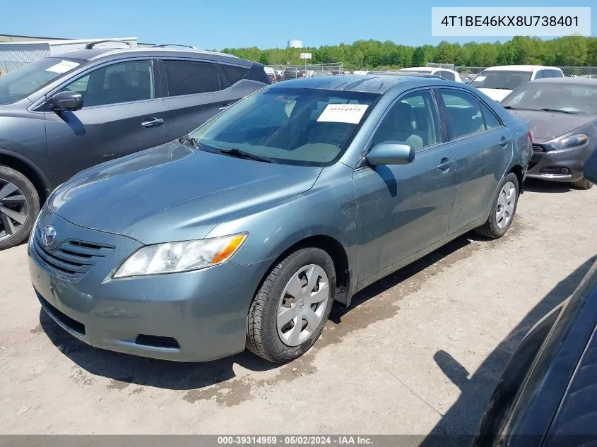 2008 Toyota Camry Le VIN: 4T1BE46KX8U738401 Lot: 39314959