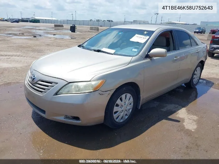 2008 Toyota Camry Le VIN: 4T1BE46K58U752643 Lot: 39699516