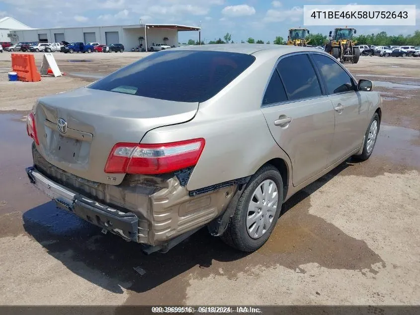 2008 Toyota Camry Le VIN: 4T1BE46K58U752643 Lot: 39699516