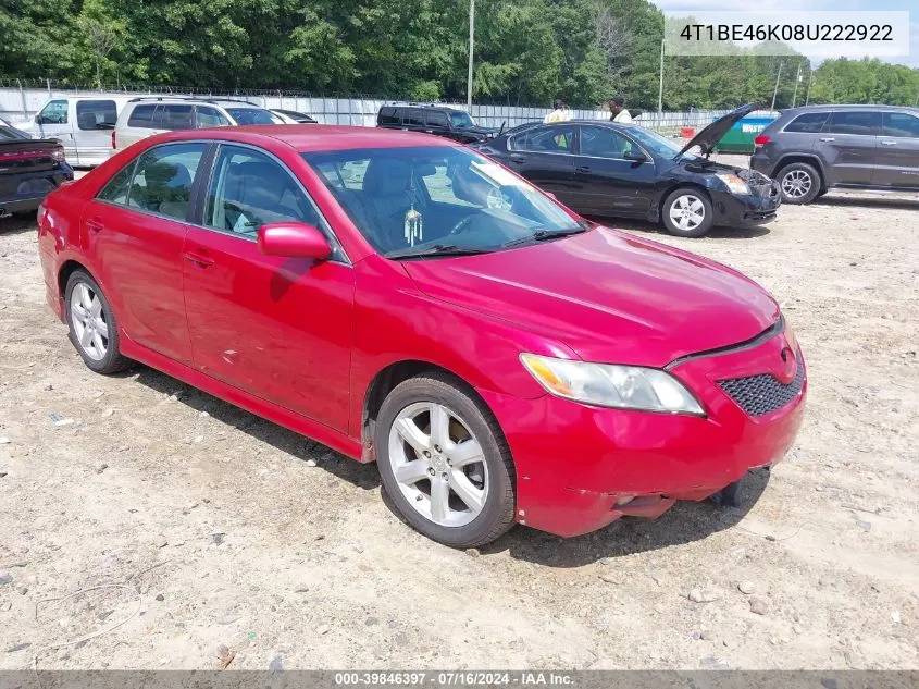 4T1BE46K08U222922 2008 Toyota Camry Se