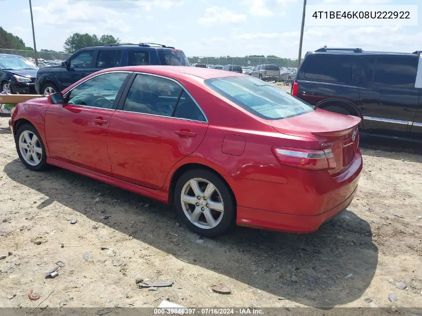 4T1BE46K08U222922 2008 Toyota Camry Se