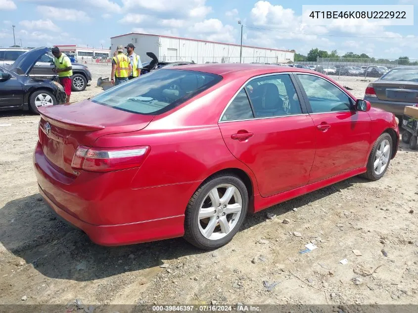 2008 Toyota Camry Se VIN: 4T1BE46K08U222922 Lot: 39846397