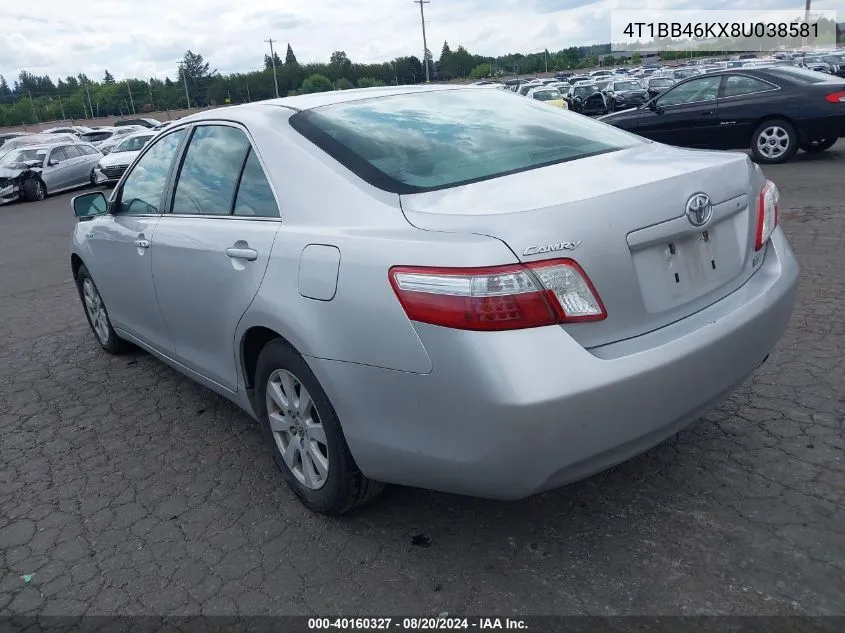 2008 Toyota Camry Hybrid VIN: 4T1BB46KX8U038581 Lot: 40160327