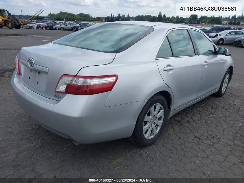 2008 Toyota Camry Hybrid VIN: 4T1BB46KX8U038581 Lot: 40160327