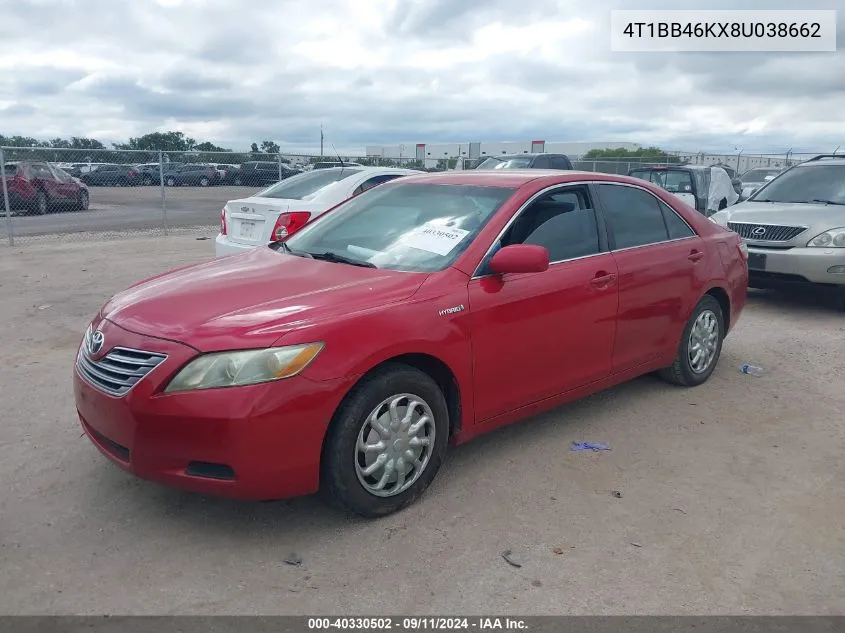 2008 Toyota Camry Hybrid VIN: 4T1BB46KX8U038662 Lot: 40330502