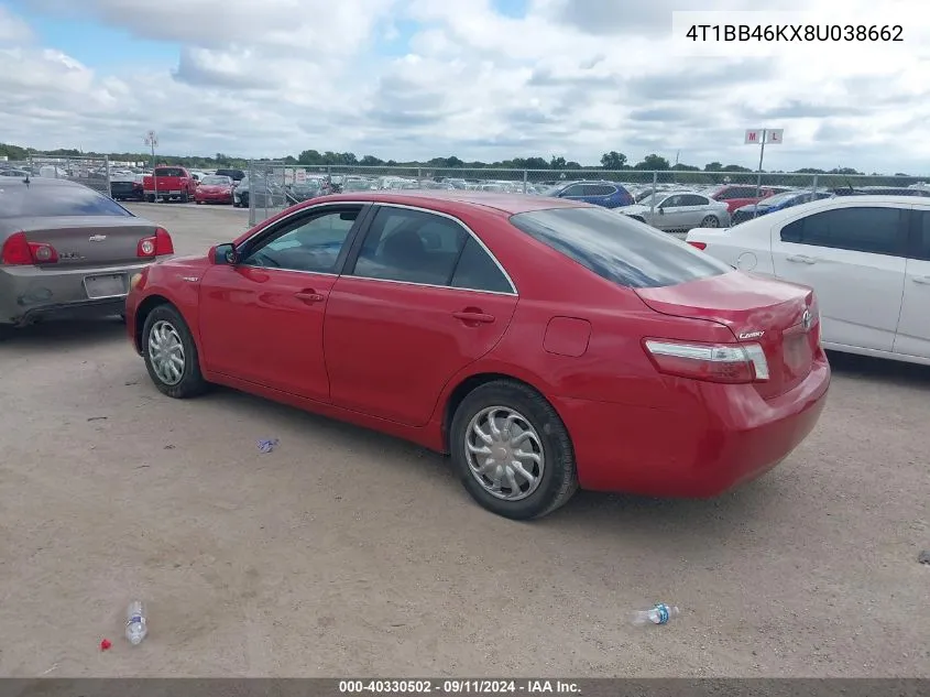 2008 Toyota Camry Hybrid VIN: 4T1BB46KX8U038662 Lot: 40330502