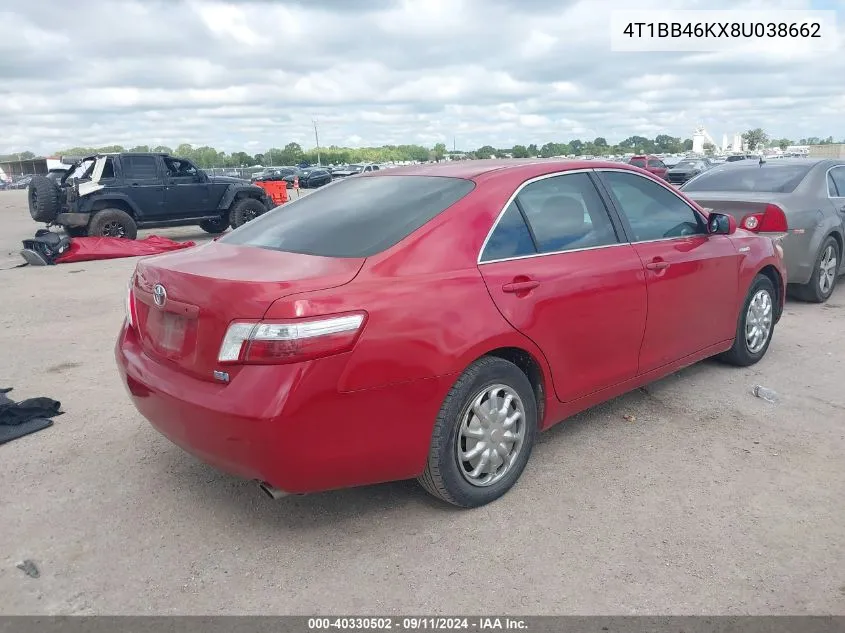 2008 Toyota Camry Hybrid VIN: 4T1BB46KX8U038662 Lot: 40330502