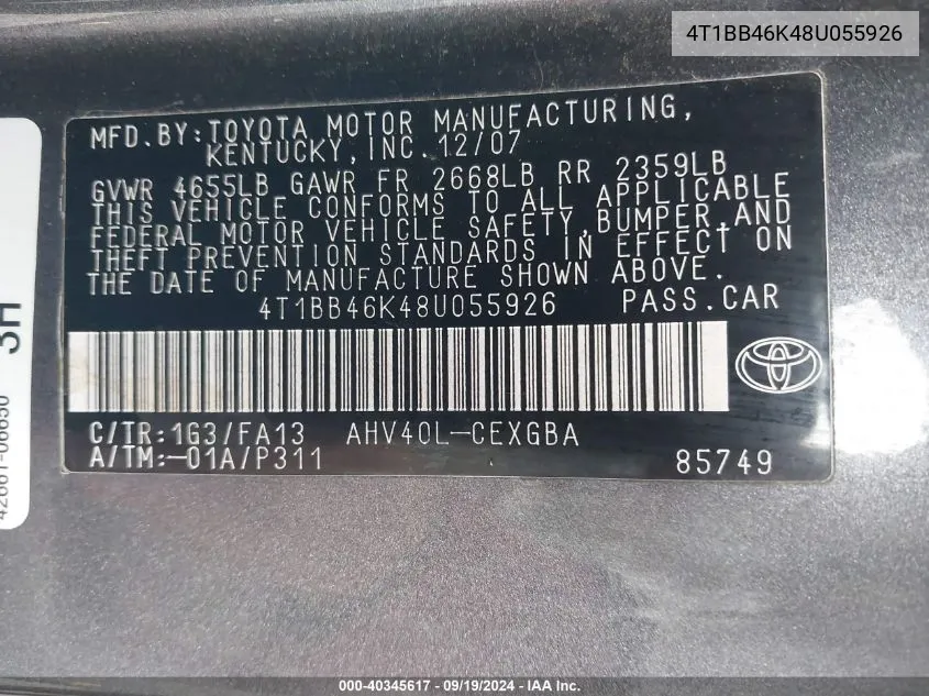 4T1BB46K48U055926 2008 Toyota Camry Hybrid