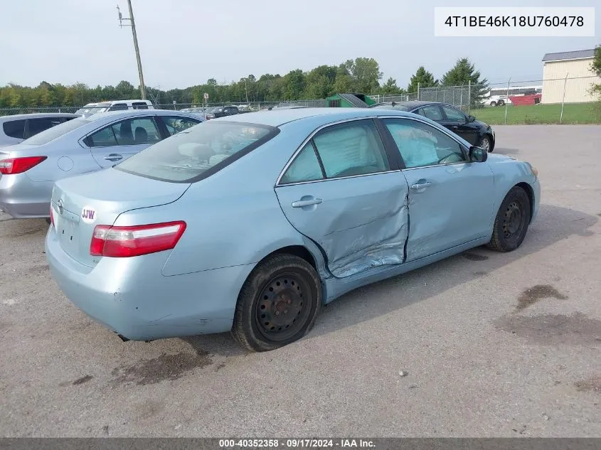 2008 Toyota Camry Ce/Le/Xle/Se VIN: 4T1BE46K18U760478 Lot: 40352358