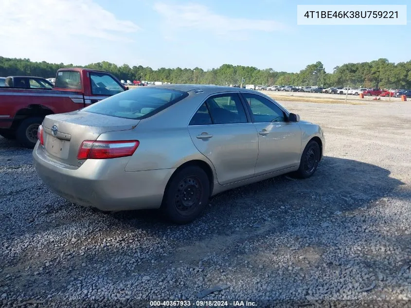 2008 Toyota Camry Le VIN: 4T1BE46K38U759221 Lot: 40367933