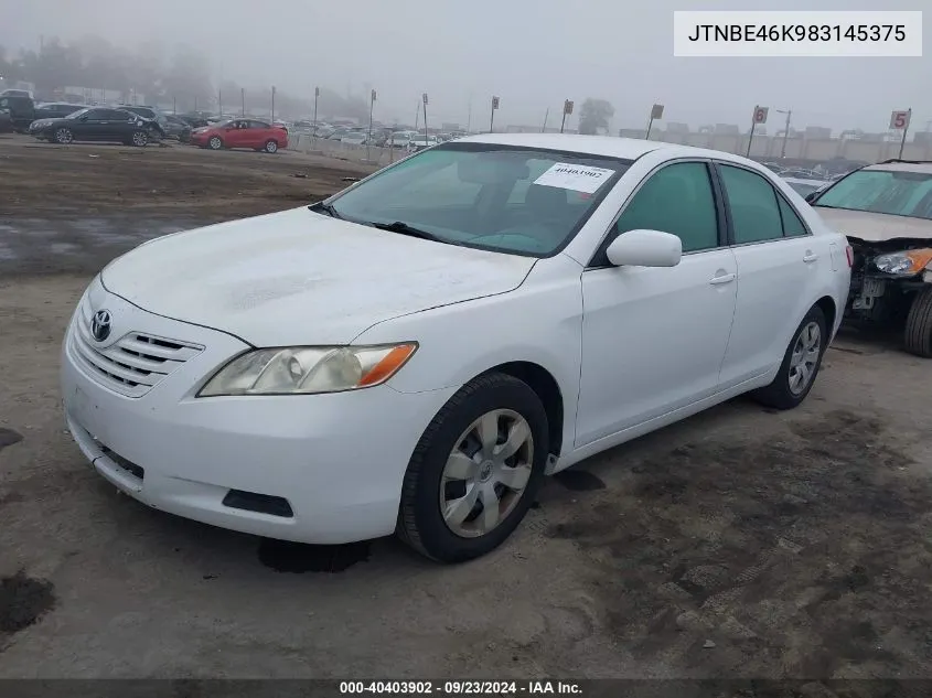 2008 Toyota Camry Le/Se/Xle VIN: JTNBE46K983145375 Lot: 40403902