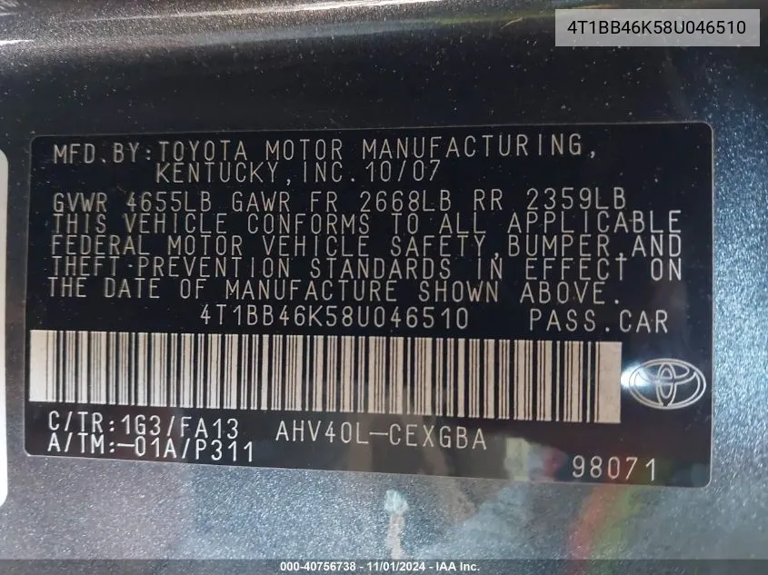 2008 Toyota Camry Hybrid VIN: 4T1BB46K58U046510 Lot: 40756738