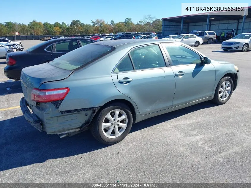 2008 Toyota Camry Le V6 VIN: 4T1BK46K38U566852 Lot: 40851134