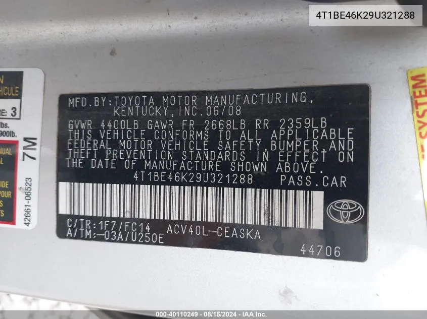 4T1BE46K29U321288 2009 Toyota Camry Se/Le/Xle