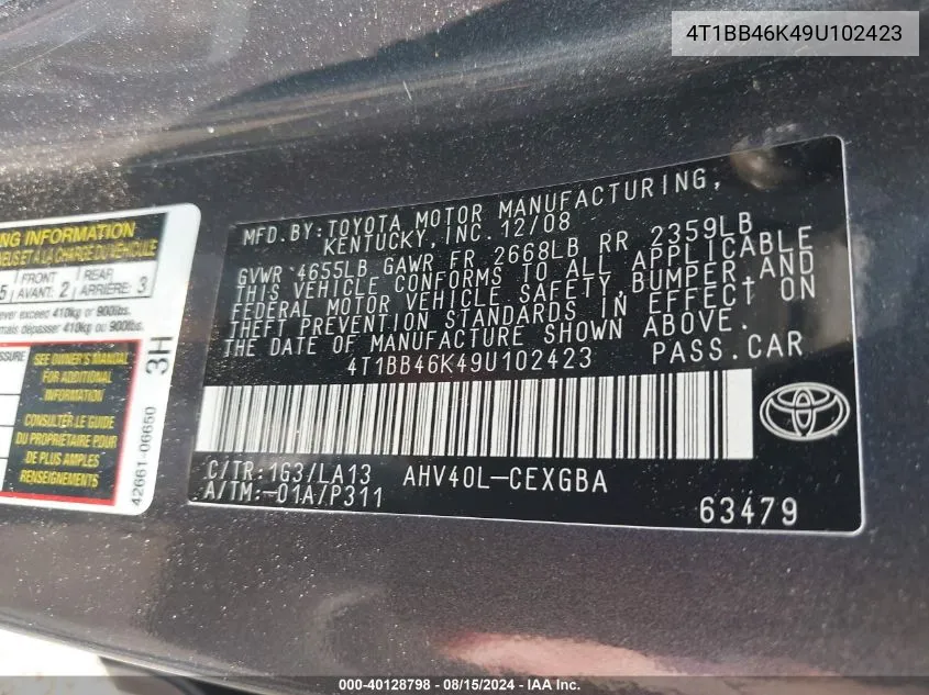 4T1BB46K49U102423 2009 Toyota Camry Hybrid