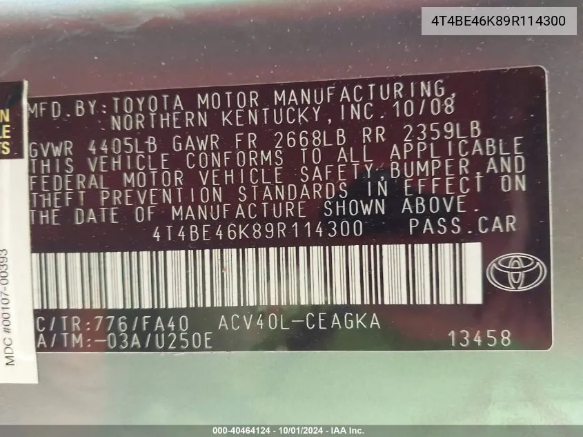 4T4BE46K89R114300 2009 Toyota Camry Se/Le/Xle