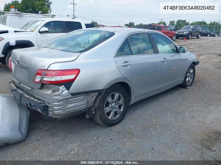 2010 Toyota Camry Le VIN: 4T4BF3EK3AR020452 Lot: 39881610