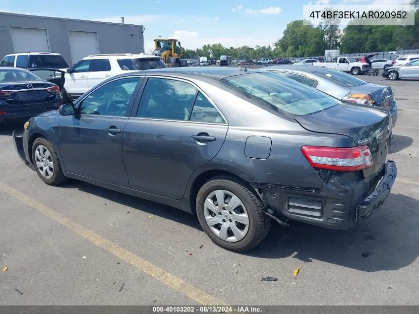 2010 Toyota Camry Le VIN: 4T4BF3EK1AR020952 Lot: 40103202