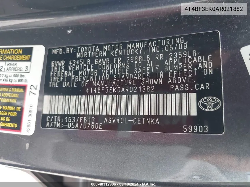 4T4BF3EK0AR021882 2010 Toyota Camry Se/Le/Xle