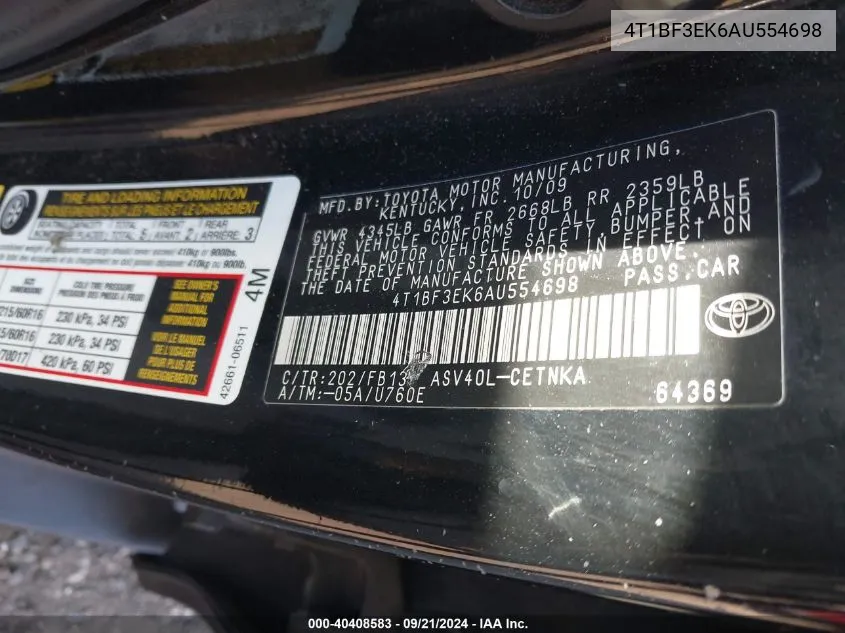 4T1BF3EK6AU554698 2010 Toyota Camry Le