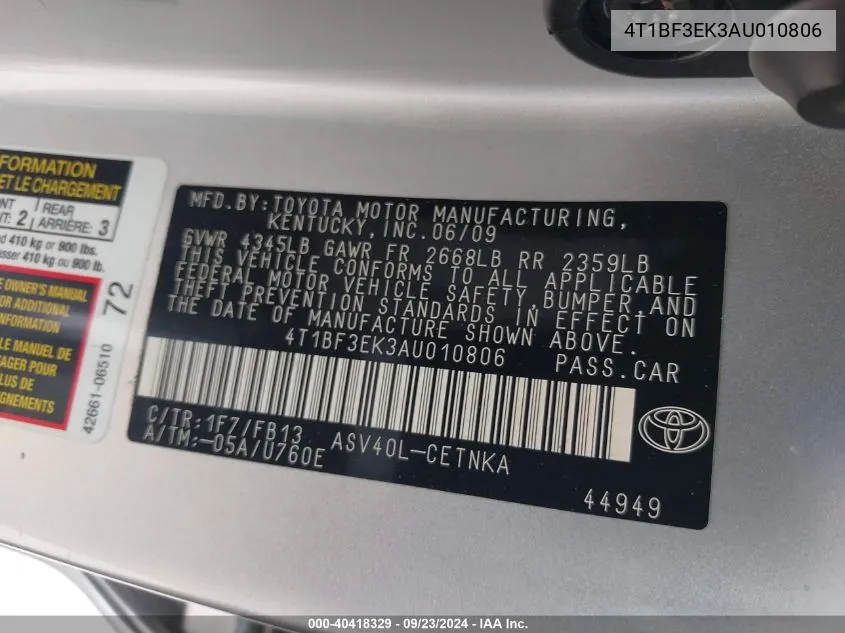 4T1BF3EK3AU010806 2010 Toyota Camry Le