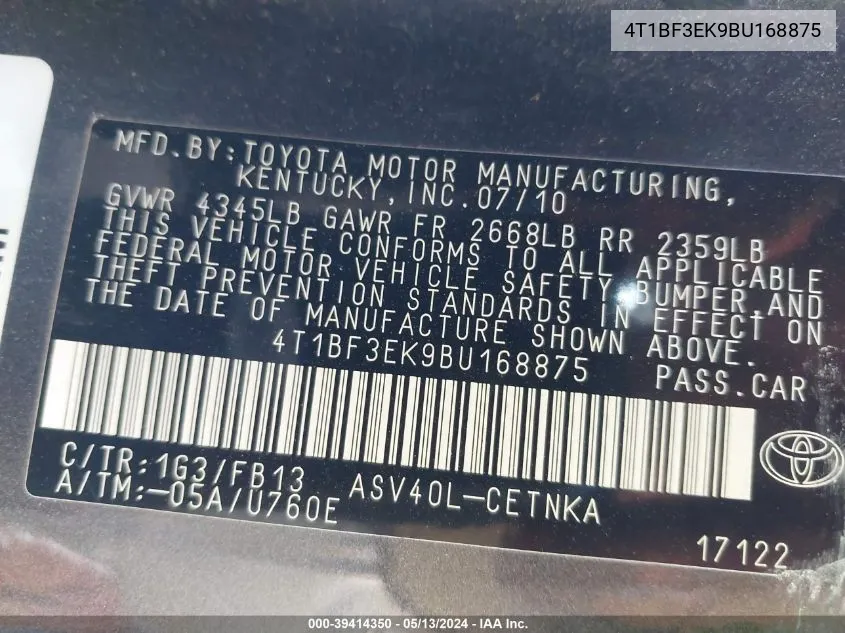 4T1BF3EK9BU168875 2011 Toyota Camry Le