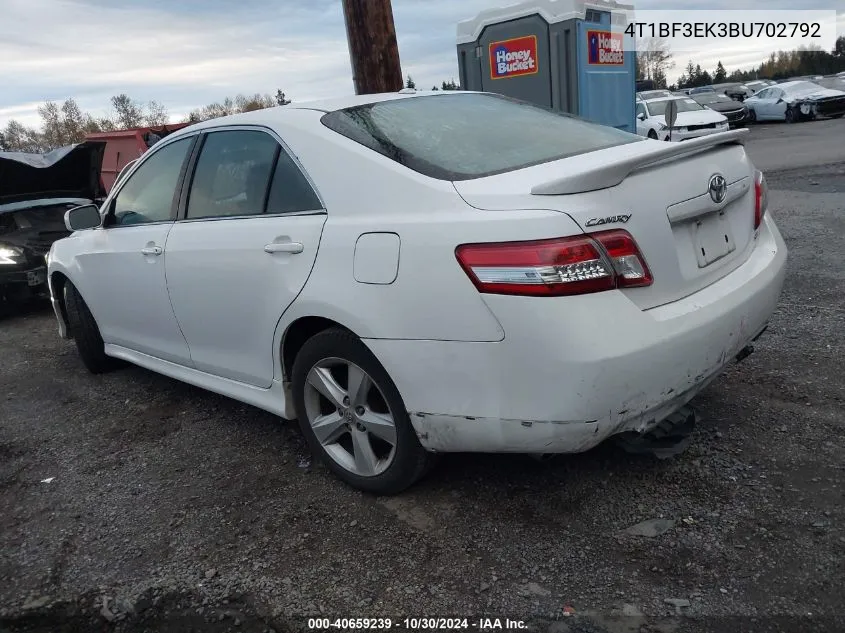 2011 Toyota Camry Se VIN: 4T1BF3EK3BU702792 Lot: 40659239