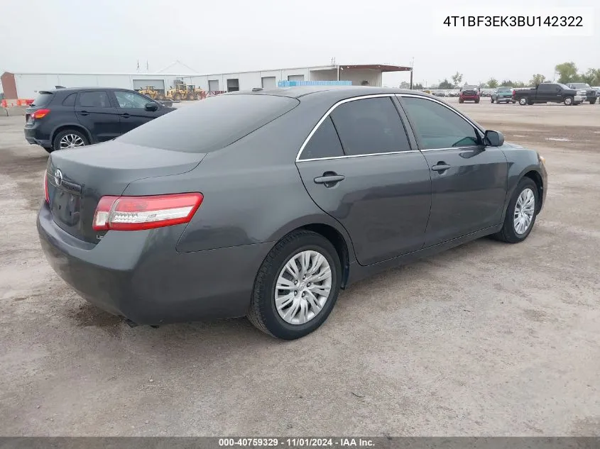 2011 Toyota Camry Le VIN: 4T1BF3EK3BU142322 Lot: 40759329