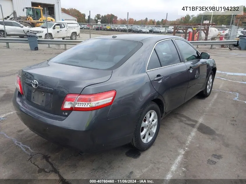 2011 Toyota Camry Le VIN: 4T1BF3EK9BU194232 Lot: 40760460