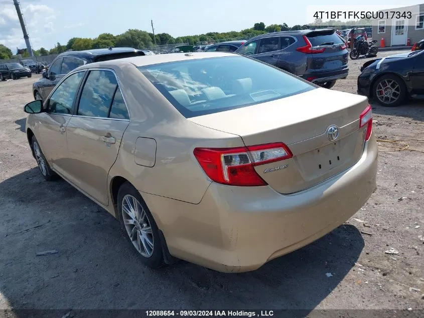 2012 Toyota Camry Se/Le/Xle VIN: 4T1BF1FK5CU017343 Lot: 12088654