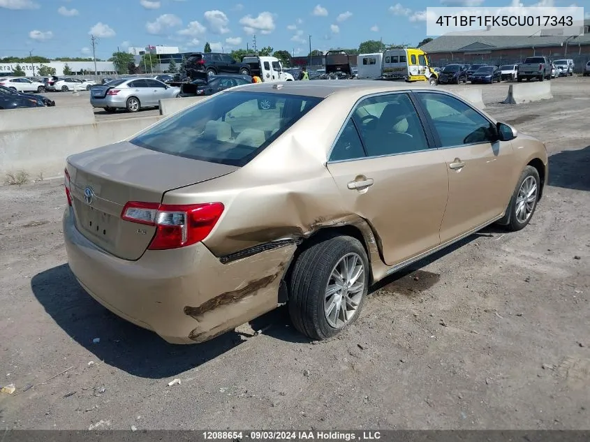 2012 Toyota Camry Se/Le/Xle VIN: 4T1BF1FK5CU017343 Lot: 12088654