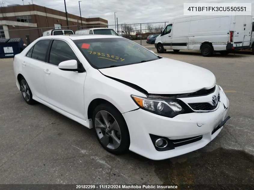 2012 Toyota Camry Se VIN: 4T1BF1FK3CU550551 Lot: 20182299