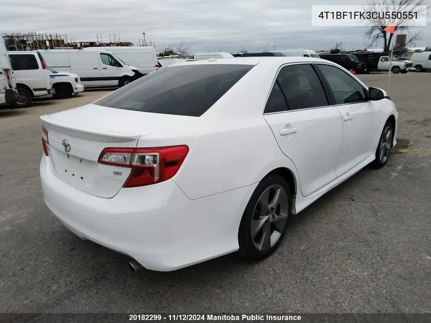 2012 Toyota Camry Se VIN: 4T1BF1FK3CU550551 Lot: 20182299