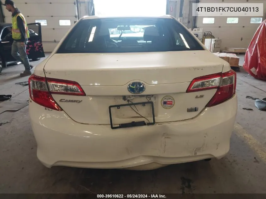 2012 Toyota Camry Hybrid Le VIN: 4T1BD1FK7CU040113 Lot: 39510622