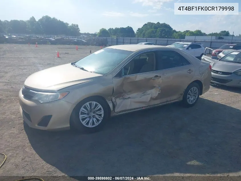 4T4BF1FK0CR179998 2012 Toyota Camry Le