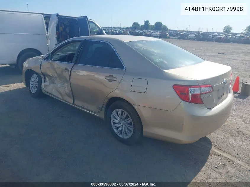 2012 Toyota Camry Le VIN: 4T4BF1FK0CR179998 Lot: 39598802