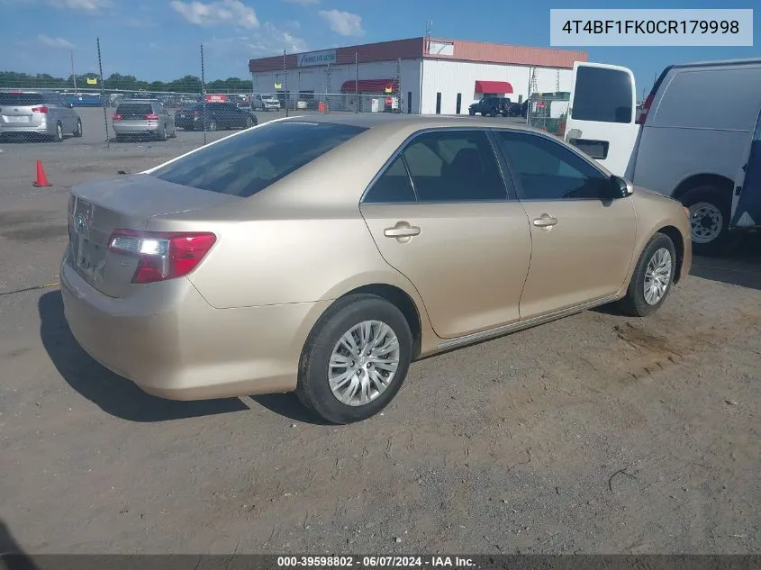 2012 Toyota Camry Le VIN: 4T4BF1FK0CR179998 Lot: 39598802