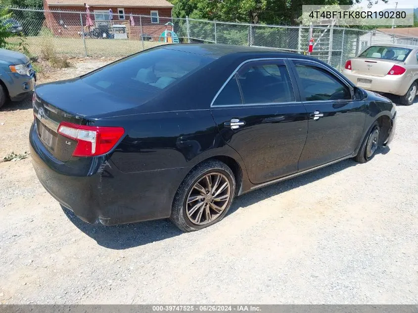 2012 Toyota Camry Le VIN: 4T4BF1FK8CR190280 Lot: 39747525