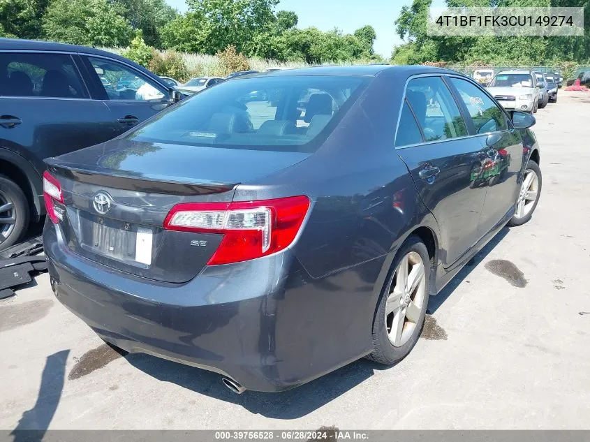 2012 Toyota Camry Se VIN: 4T1BF1FK3CU149274 Lot: 39756528