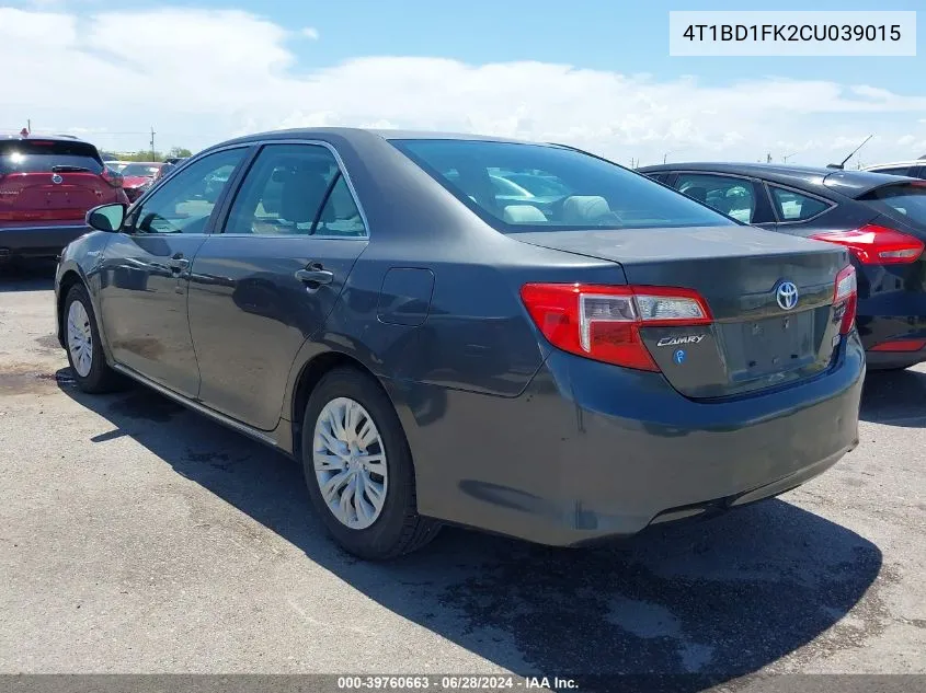 2012 Toyota Camry Hybrid Le VIN: 4T1BD1FK2CU039015 Lot: 39760663