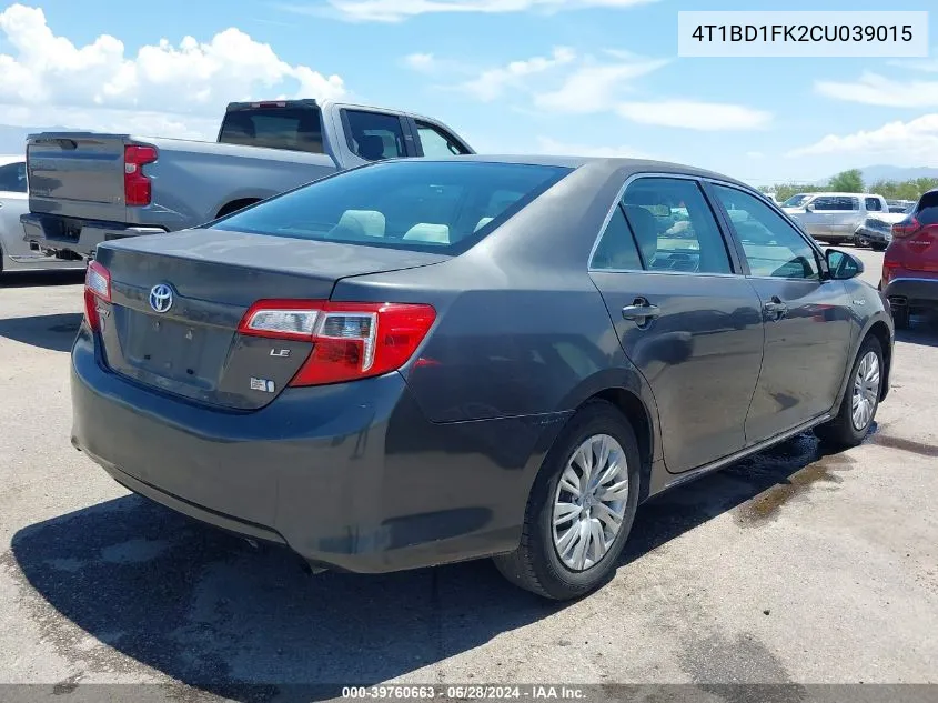 2012 Toyota Camry Hybrid Le VIN: 4T1BD1FK2CU039015 Lot: 39760663